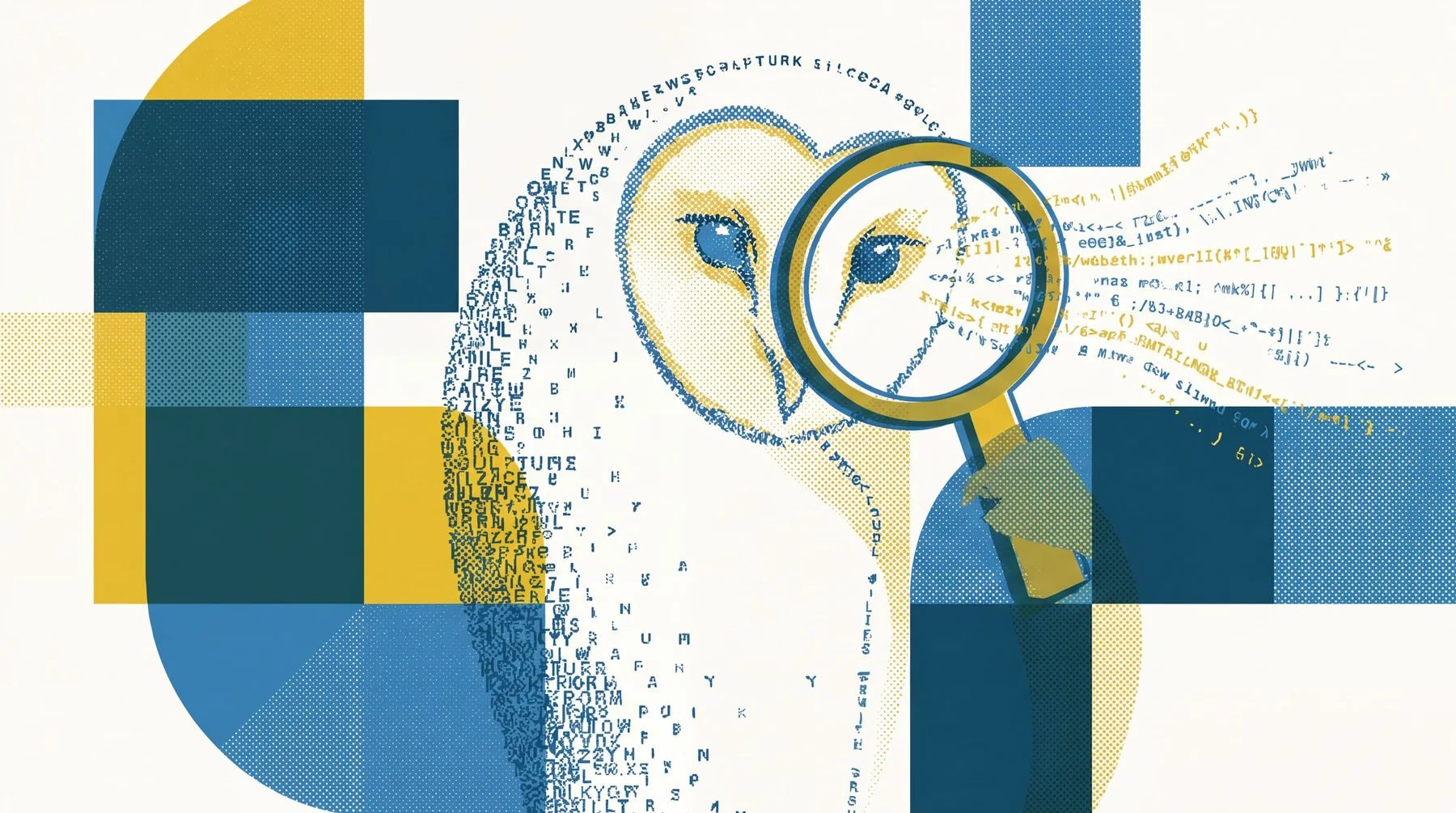 Illustratie van een uil, opgebouwd uit letters en code, die data onderzoekt door een vergrootglas.